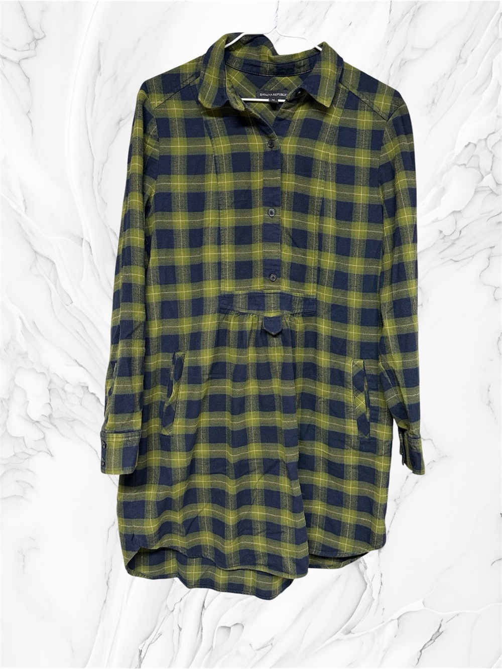 Banana Republic Olive Navy Plaid Button-Up Shirt flannel dress pockets medium